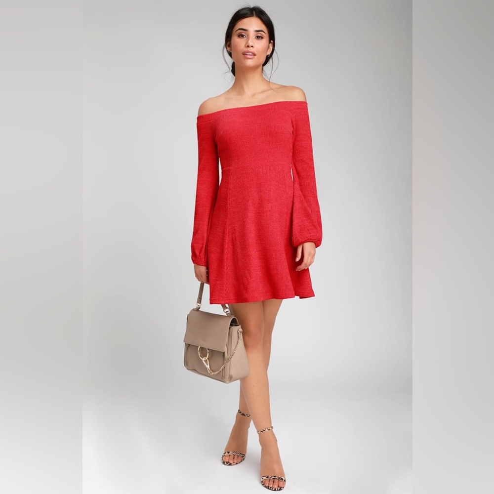 🆕(NWT) LULUs Flare Enough Red Off-the-Shoulder Skater Dress. SMALL. Long Sleeve
